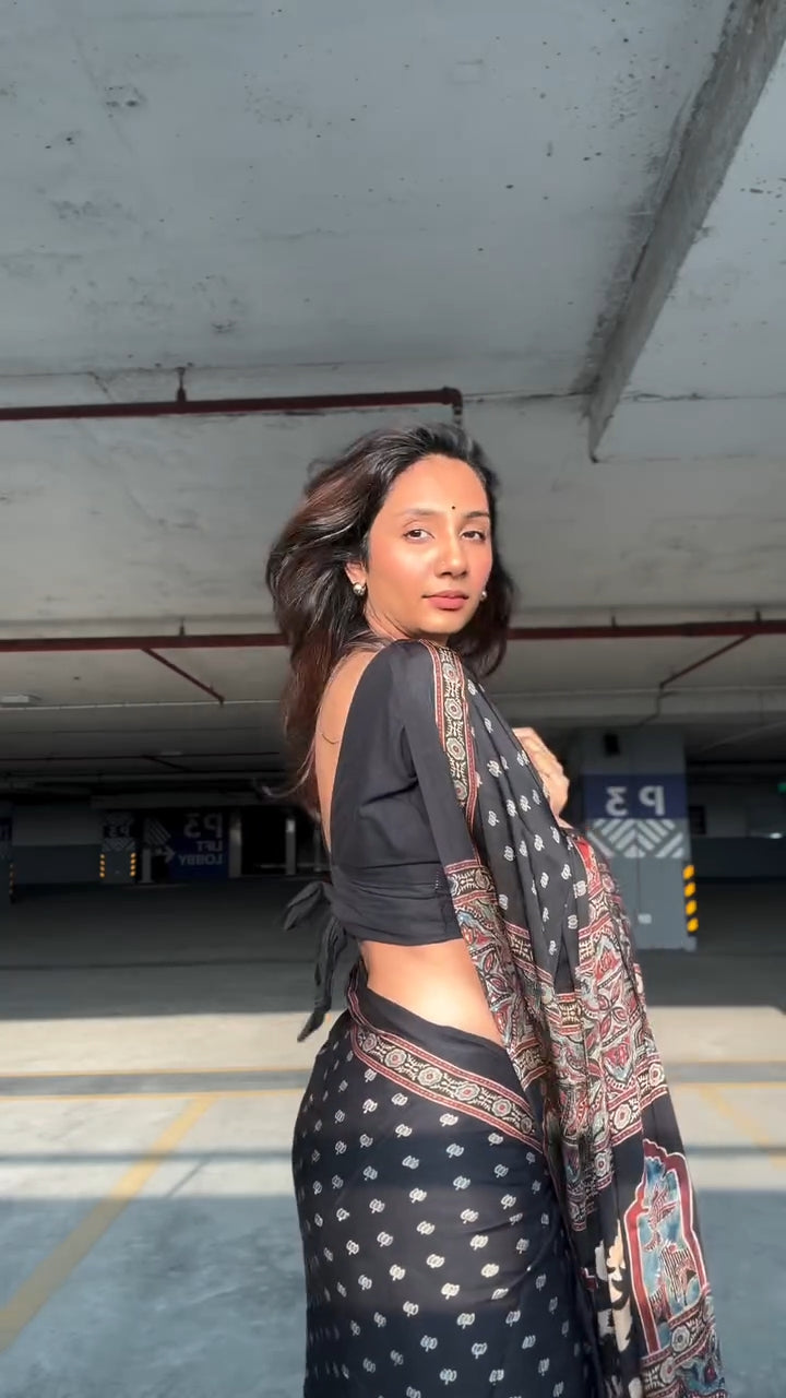 BLACK AJRAKH DIGITAL PRINTED SAREE