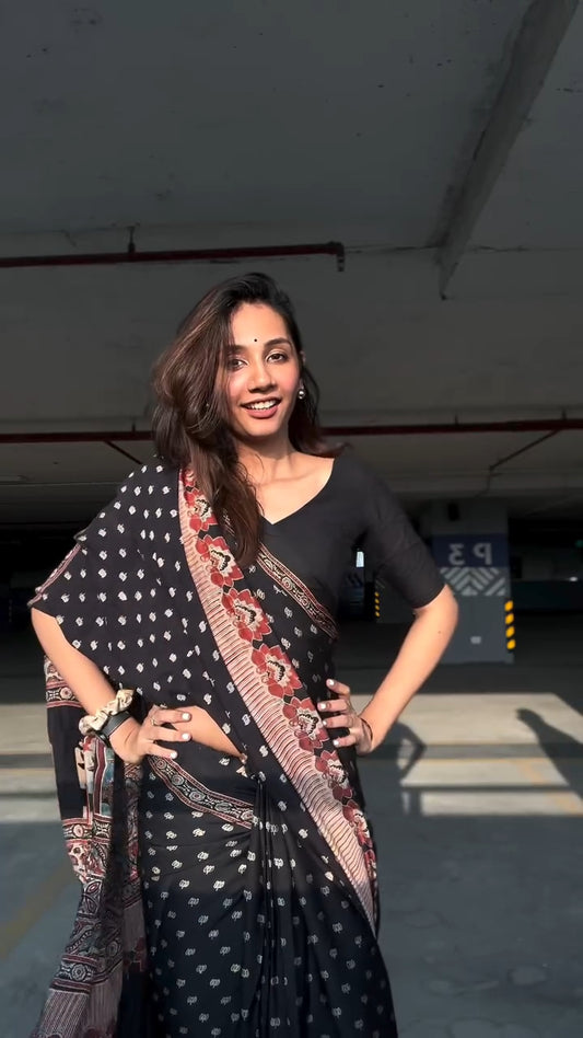 BLACK AJRAKH DIGITAL PRINTED SAREE