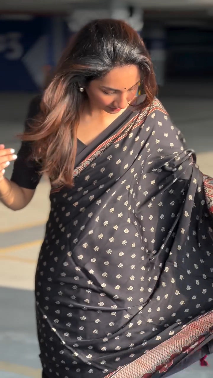 BLACK AJRAKH DIGITAL PRINTED SAREE