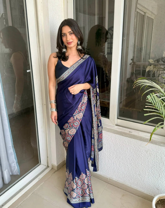 BLUE AJRAKH DIGITAL PRINTED SAREE
